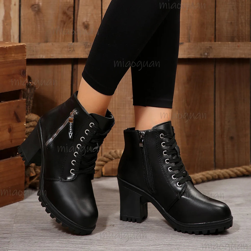 Women's Black Platform Chunky Heel Ankle Boots | Zip-Up Platform Ankle Boots Axl