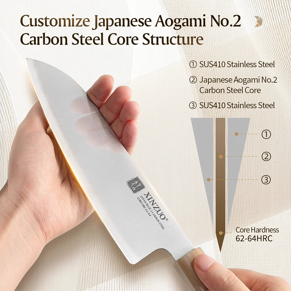 XINZUO Santoku Knife 7.24" Aogami No.2 Steel | Maple Horn Handle Japanese Santoku Knife Axl
