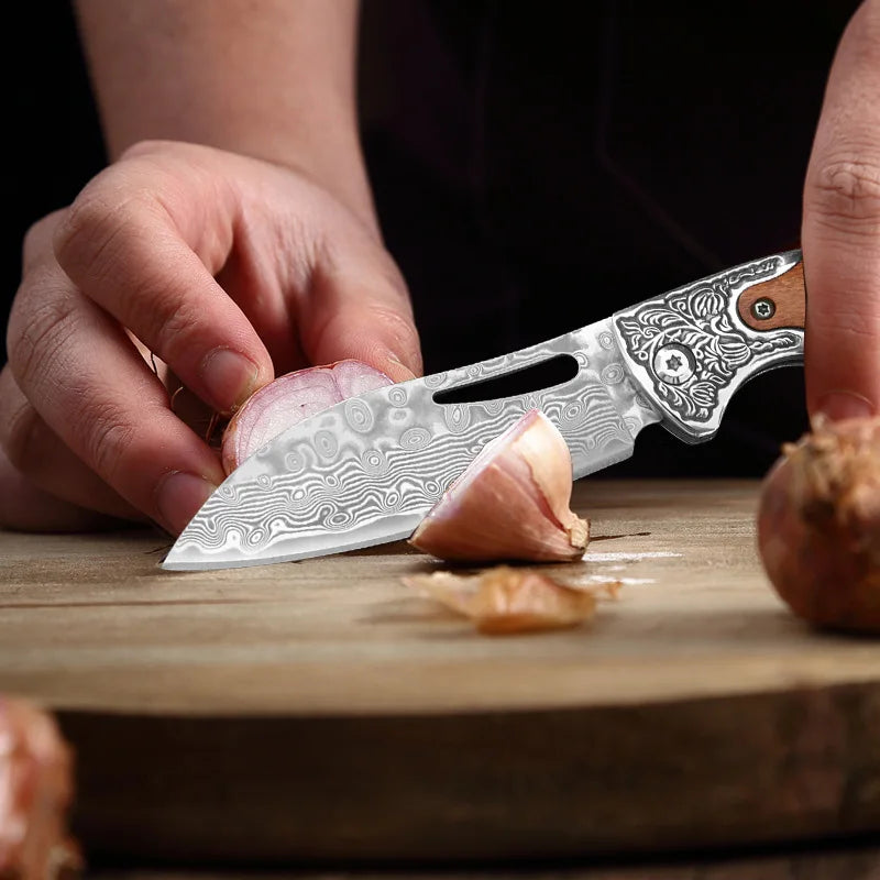 InLeung VG10 Damascus Steel Folding Kitchen Knife – Wood Handle Folding Kitchen Knife Axl