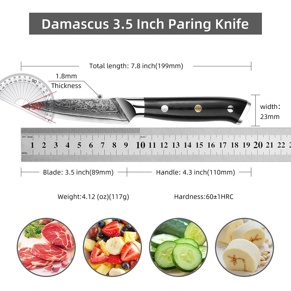 Sunnecko Damascus Kitchen Knife Set – 73-Layer VG10 Steel Damascus Knife Set Axl 3.5 Inch Paring China Mainland