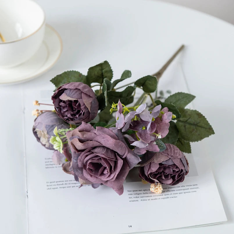 Silk Artificial Hydrangea & Rose Bouquet | Wedding & Home Decor Artificial Flower Bouquet Axl PURPLE 1 pc
