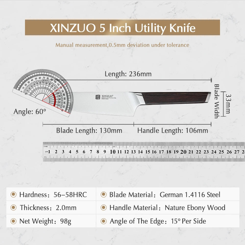 XINZUO 5" Utility Knife German Steel & Ebony Handle | RUI Utility Kitchen Knife Axl
