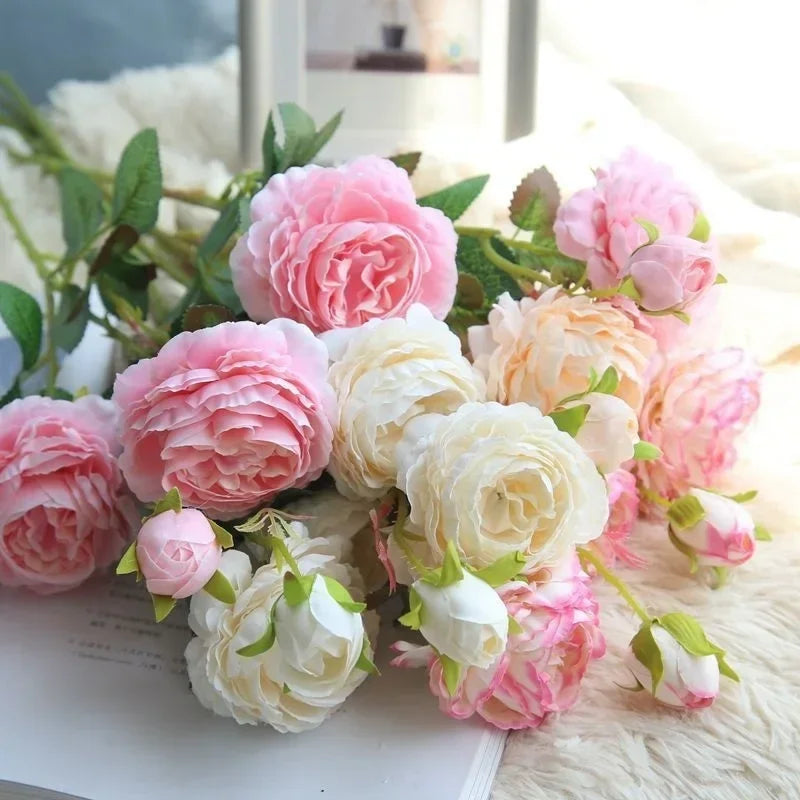 3-Head Artificial Peony Rose Bouquet – Wedding & Home Decor Artificial Flower Bouquet Axl