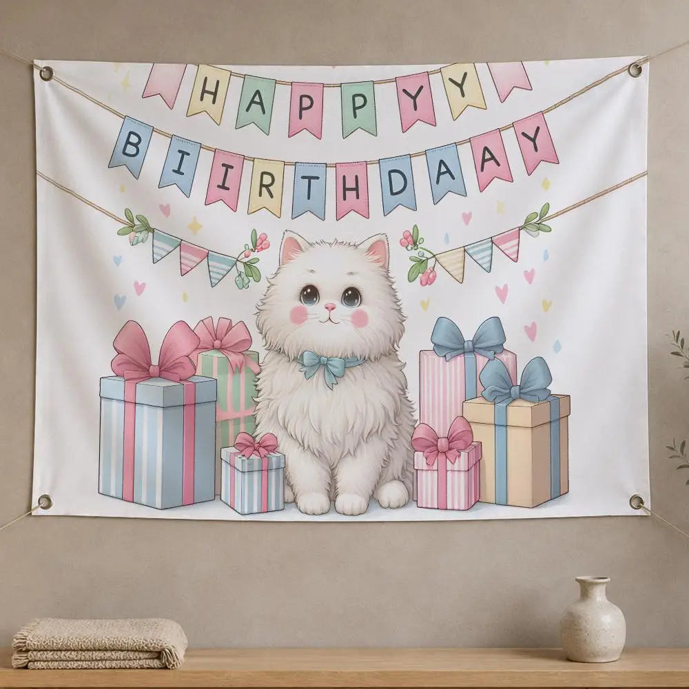 Kawaii Cat Wall Hanging Flag Banner – Room & Party Décor Wall Hanging Banner Axl White05 50x70cm