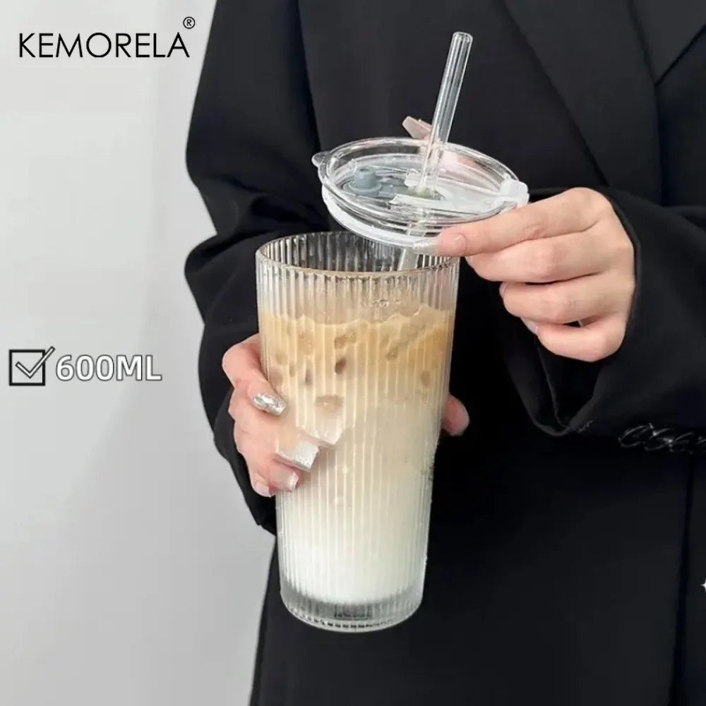KEMORELA 600ml Stripe Glass Cup with Lid & Straw Glass Tumbler Axl