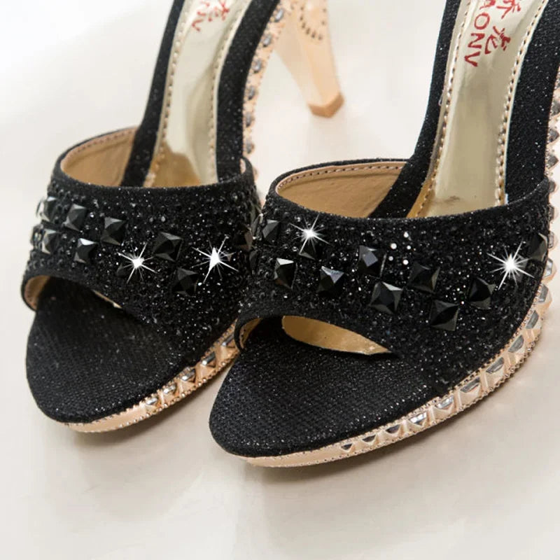 Women's Rhinestone High Heel Sandals – Gold & Silver Slip-On High Heel Sandals Axl