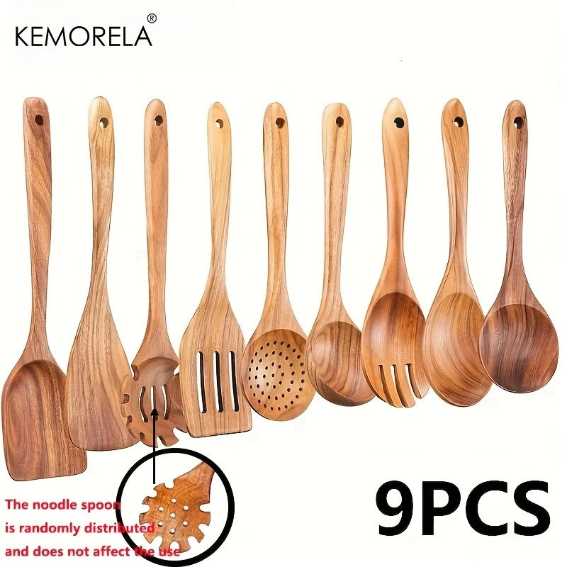 9-Piece Acacia Wood Kitchen Utensils Set – Spoons & Spatulas Wood Utensil Set Axl 9PCS