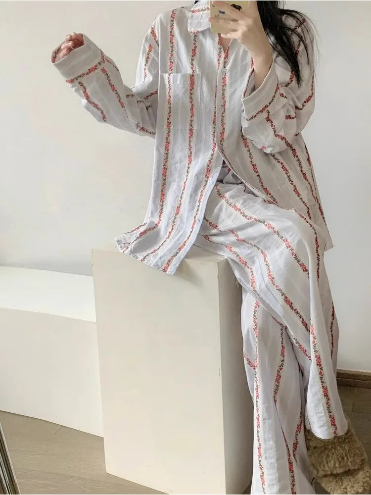 Women's Floral Striped Pajama Set – Soft Lapel Lounge Wear Women's Pajama Set Axl