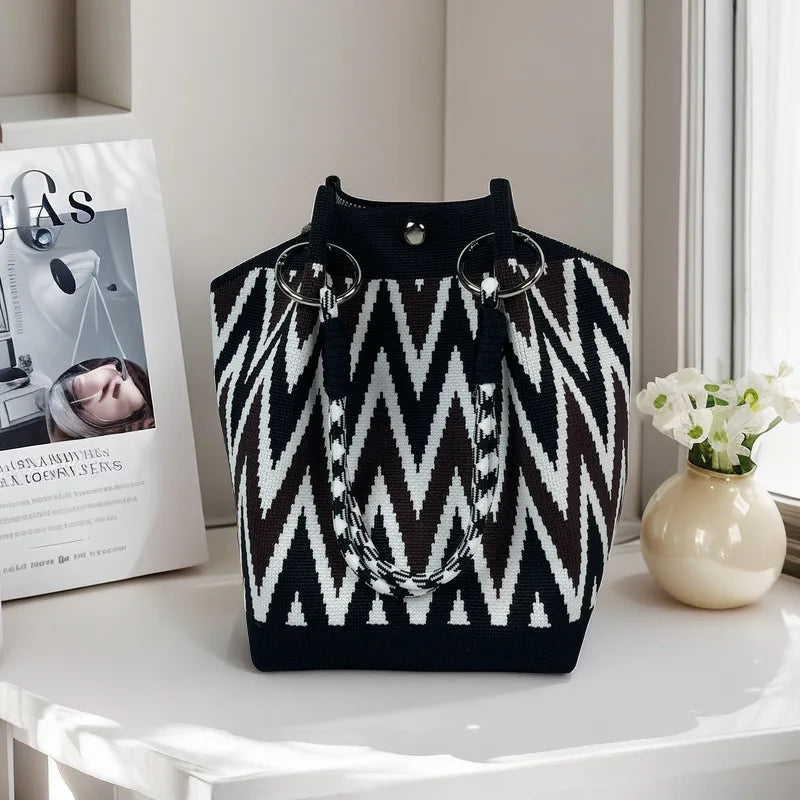 Women's Knit Bucket Handbag – Floral Fabric & Metal Clasp Bucket Handbag Axl black white diamond