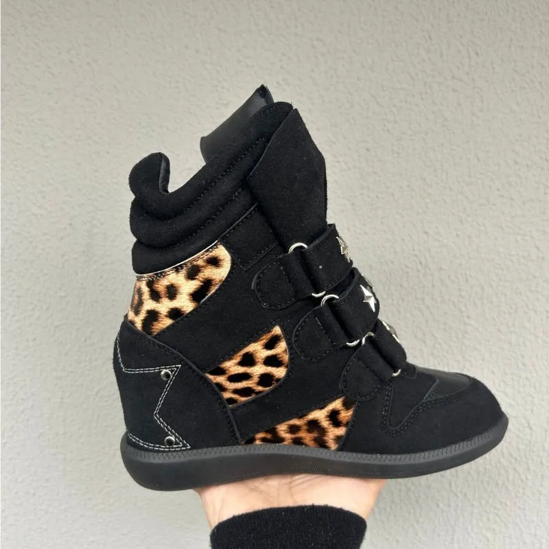 Women's Genuine Leather Leopard Ankle Boots | Wedge Platform Wedge Ankle Boots Axl