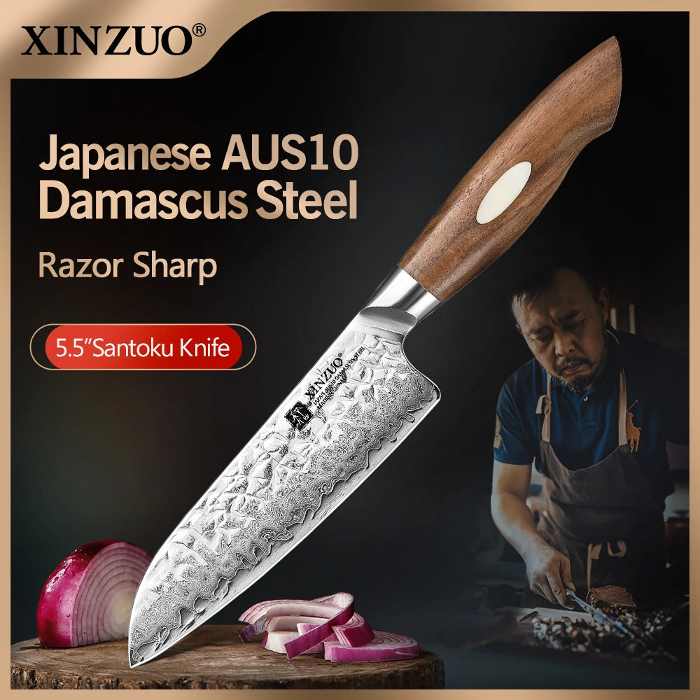 XINZUO 5.5" AUS10 Damascus Steel Santoku Knife – Jiang Series Santoku Kitchen Knife Axl Default Title
