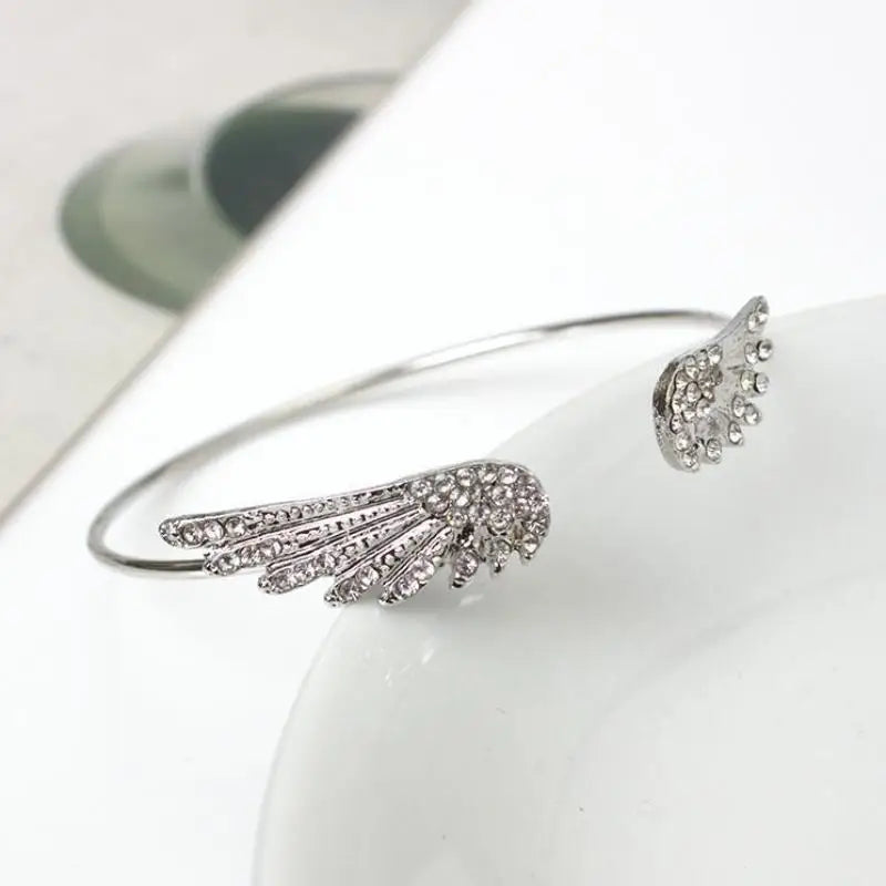 Angel Wings Silver Open Bangle Bracelet – Adjustable Women's Cuff Bangle Bracelet Axl