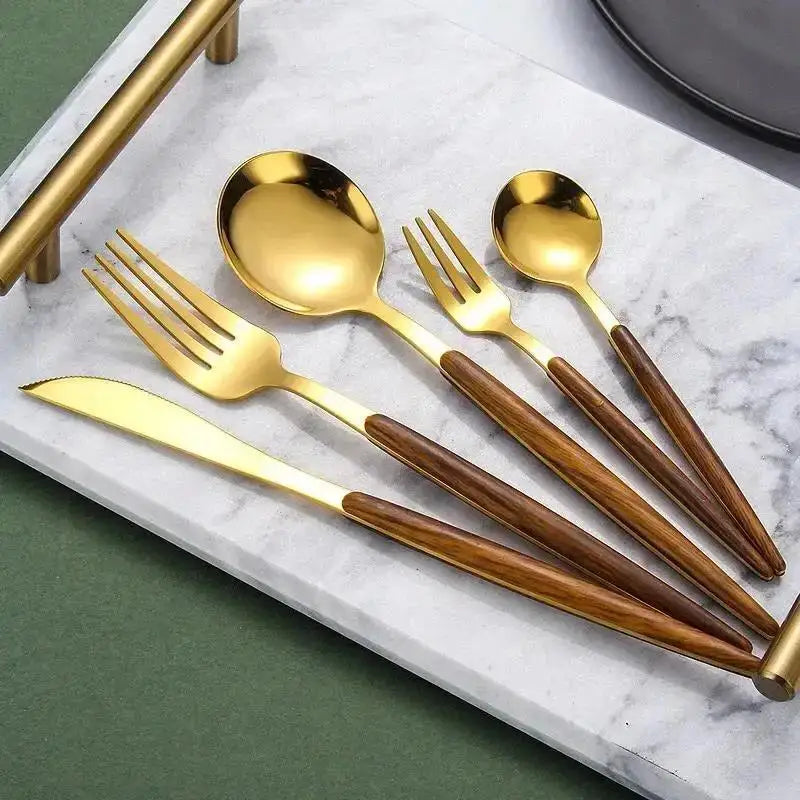 5-Piece Gold Cutlery Set – Wooden Handle Stainless Steel Cutlery Flatware Set Axl