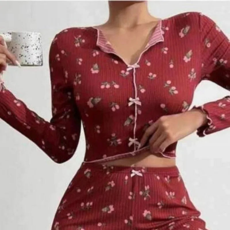 Women's Floral Pajama Set – Lettuce Trim Top & Ankle Pants Pajama Set Axl