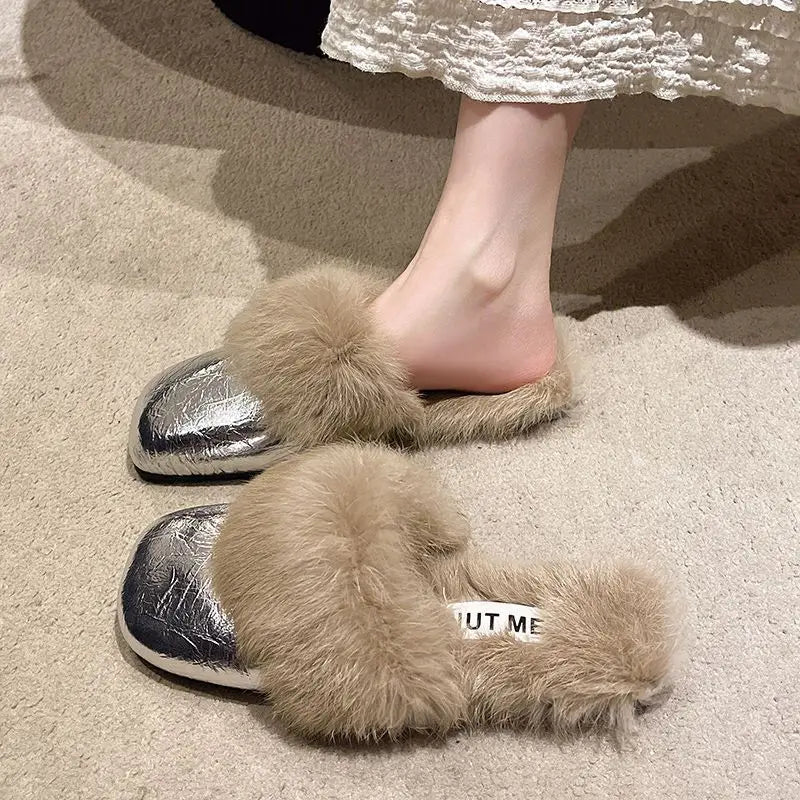Women's Plush Flat Half Slippers – Warm Non-Slip Winter Shoes Plush Flat Slippers Axl