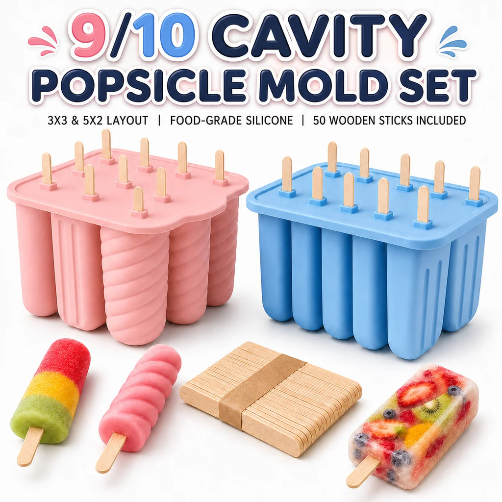 Silicone Popsicle Mold 9/10 Cavity + 50 Wooden Sticks | Ice Pop Popsicle Mold Set Axl