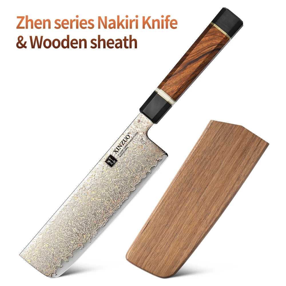 XINZUO 7" Nakiri Knife – 37-Layer Tricolour Damascus Steel Damascus Kitchen Knife Axl with Wooden sheath China Mainland