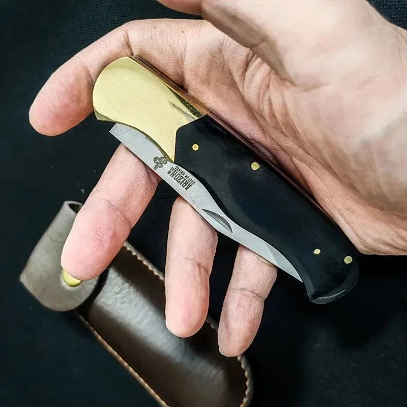 Folding Pocket Knife – Ebony & Brass Handle + Leather Sheath EDC Folding Pocket Knife Axl