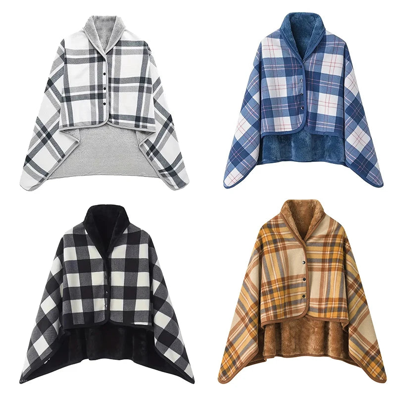 Wearable Plaid Fleece Blanket with Button | Warm Cozy Throw Wearable Fleece Blanket Axl