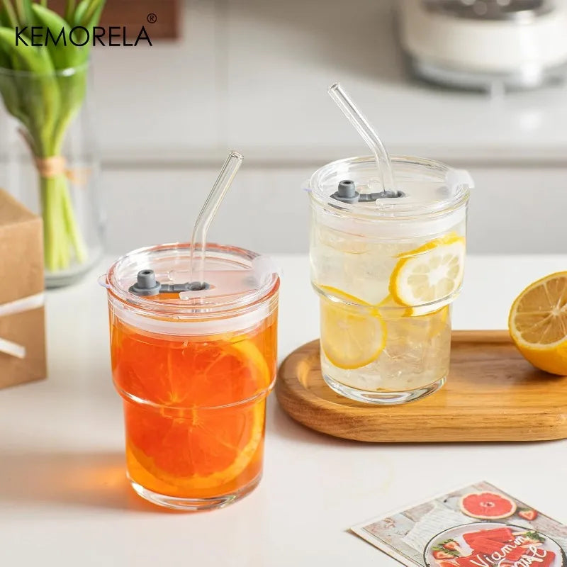 KEMORELA 380ml Glass Tumblers with Lid & Straw | Hot & Cold Glass Tumbler Set Axl