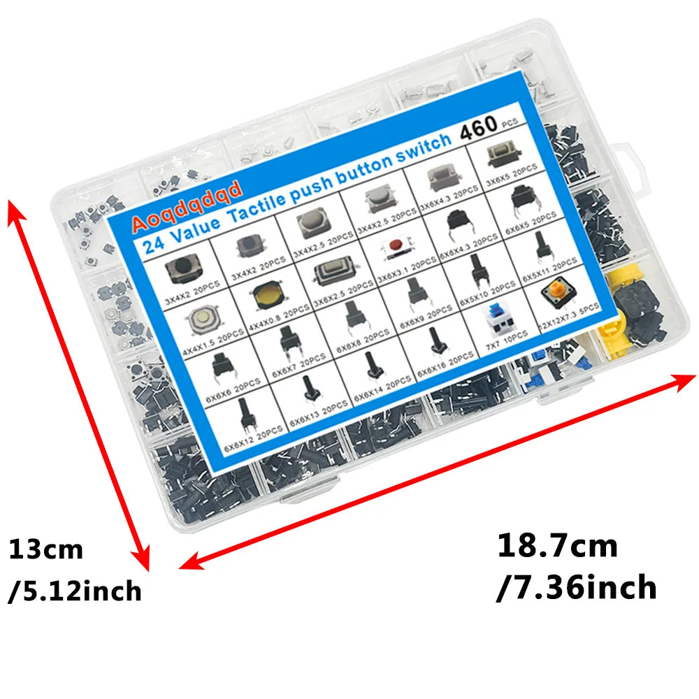 460-Piece SMD Tactile Push Button Switch Kit – 24 Values Switch Assortment Kit Axl