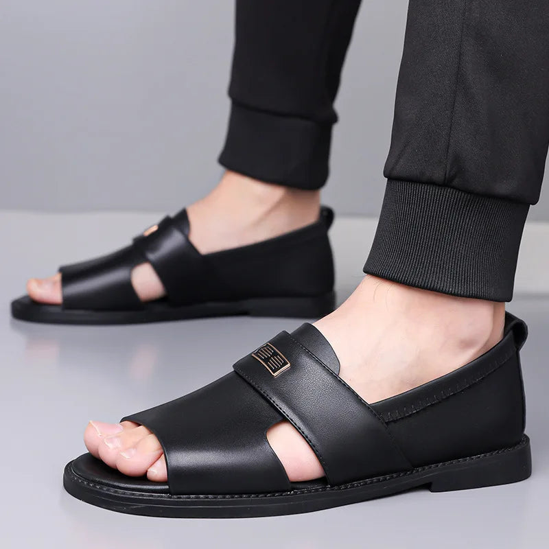 Plus Size Men's Roman Sandals Sizes 38–48 | Leather Slip-On Men's Sandals Axl Black 48