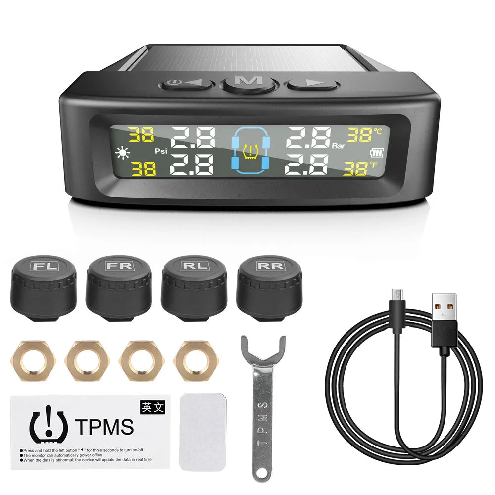 Solar TPMS Car Tire Pressure Monitor – 4 External Sensors Tire Pressure Monitor Axl Built-in