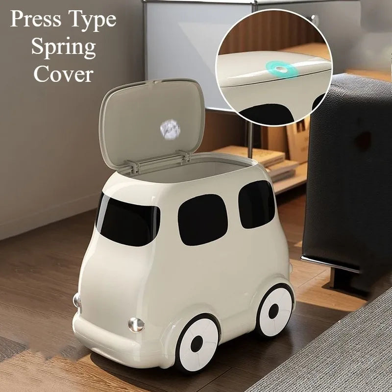 Cartoon Bus Trash Can – Large Retro Plastic Dustbin with Wheels Decorative Trash Can Axl