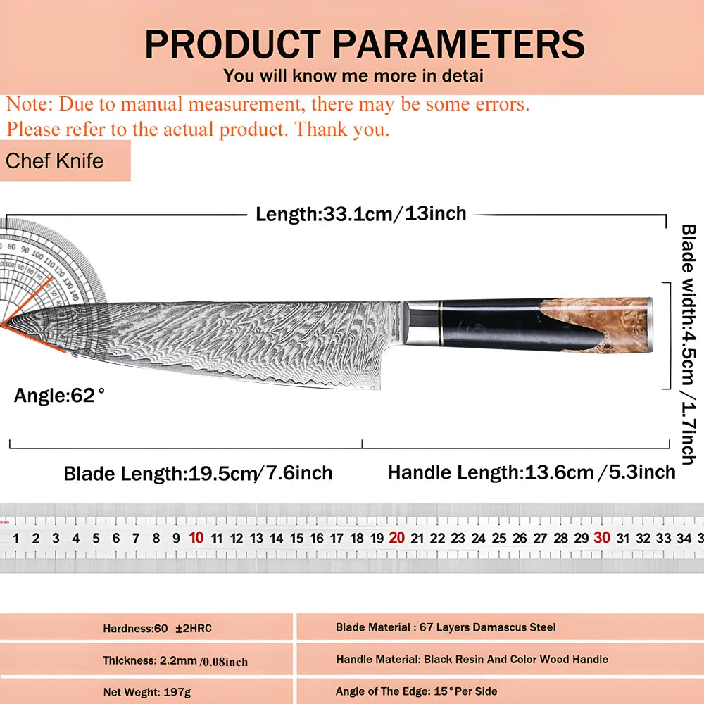 67-Layer Damascus Steel Chef Knife – Kitchen Cleaver Blade Damascus Chef Knife Axl
