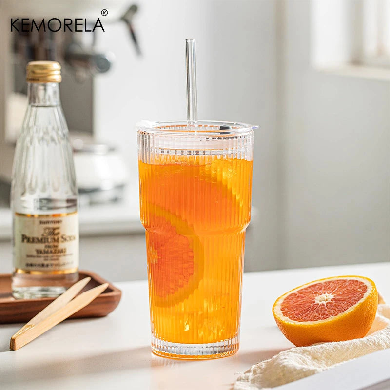 KEMORELA 590ml Ribbed Glass Tumblers with Lids & Straws 4-Pack Glass Tumbler Set Axl