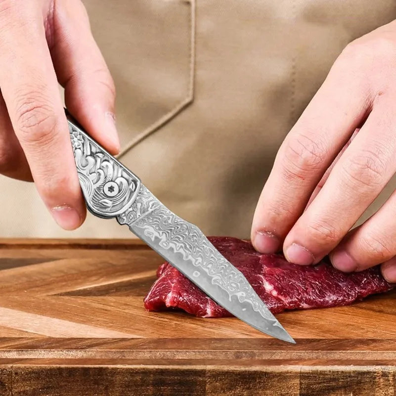 InLeung Damascus Steel Folding Kitchen Knife – 8" Multipurpose Folding Kitchen Knife Axl