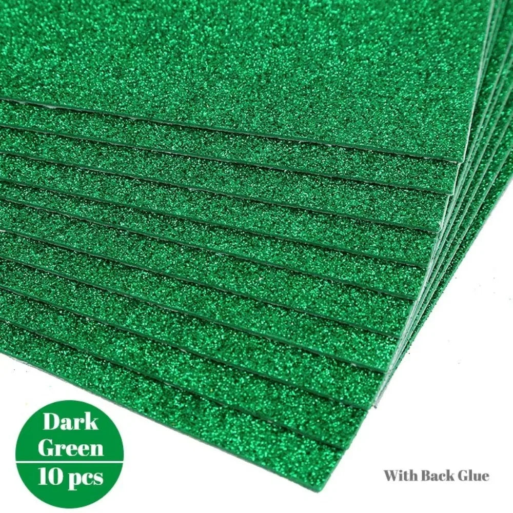 10-Pack Glitter EVA Foam Paper – Self-Adhesive A4 Craft Sheets Glitter Foam Craft Paper Axl Green