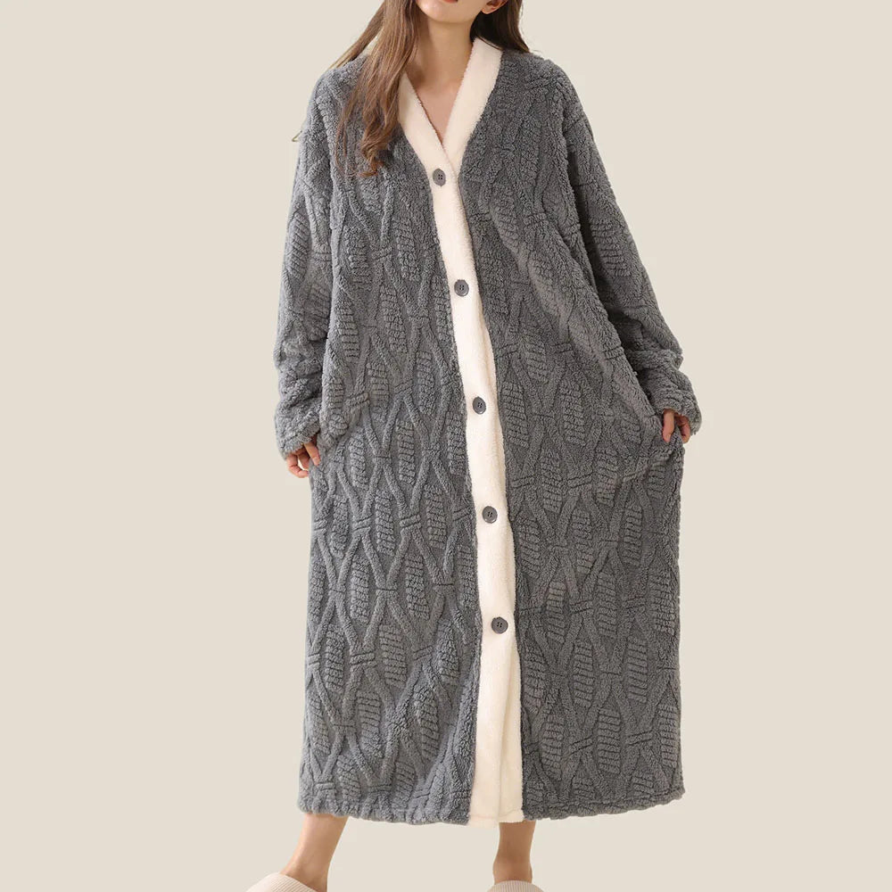 Women's Flannel Robe – Soft V-Neck Button Long Nightgown Women's Flannel Robe Axl