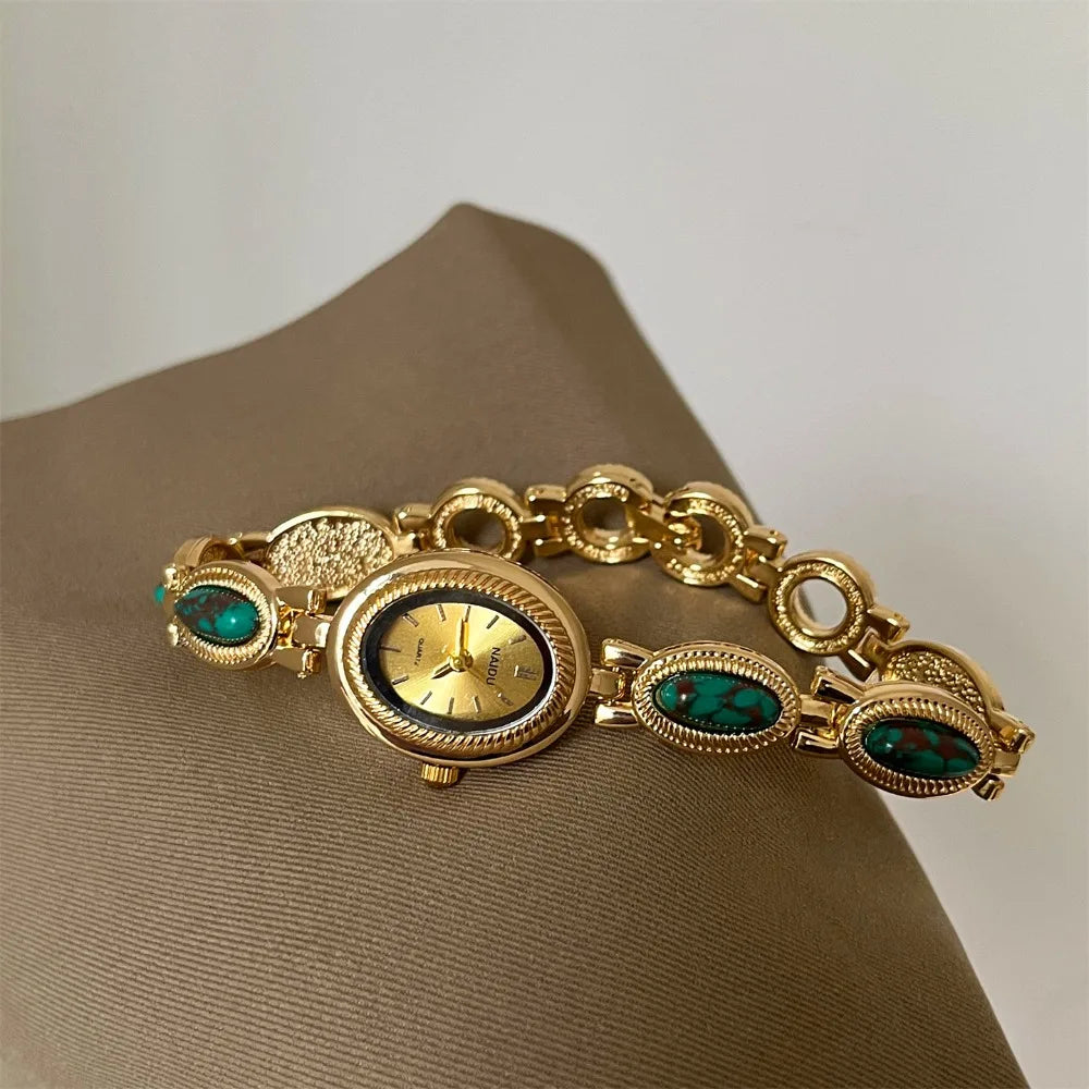 Luxury Oval Bracelet Watch – Vintage Gemstone Quartz Women Bracelet Watch Axl Dark Green