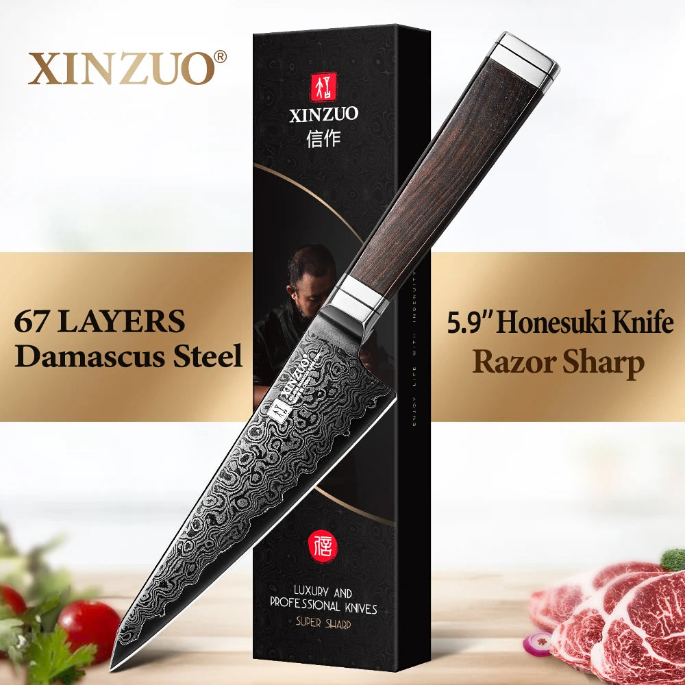 XINZUO 5.9" Damascus Honesuki Knife – Ebony Wood & G10 Handle Honesuki Knife Axl