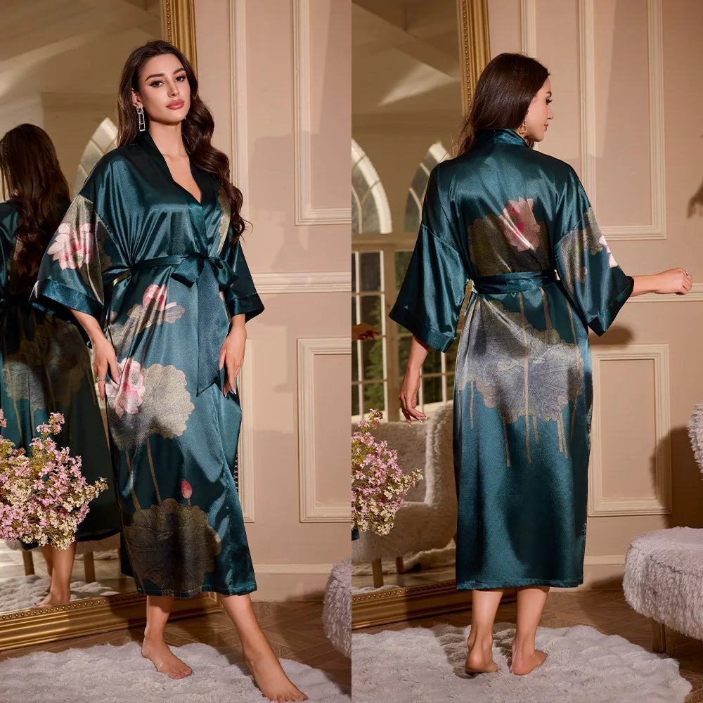 Women's Printed Kimono Robe – Long Loose Loungewear Nightgown Kimono Loungewear Robe Axl 09 One Size