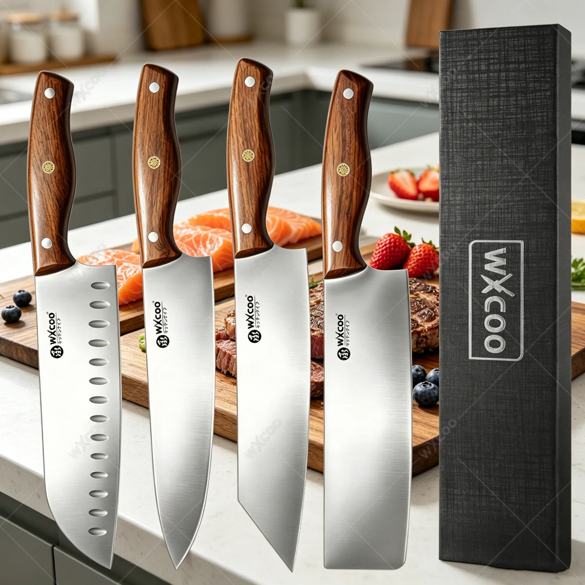 WXCOO Japanese Santoku Knife Set – 5-Piece Stainless Steel Kitchen Knife Set Axl 4PCS