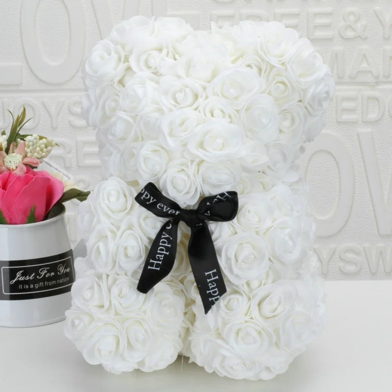 Rose Bear Foam Flower Bear Gift – 20cm Eternal Rose Bear Decorative Rose Bear Axl WHITE
