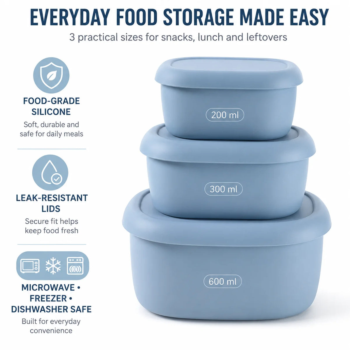 Silicone Bento Lunch Box Set of 3 – Nesting Food Containers Food Storage Set Axl