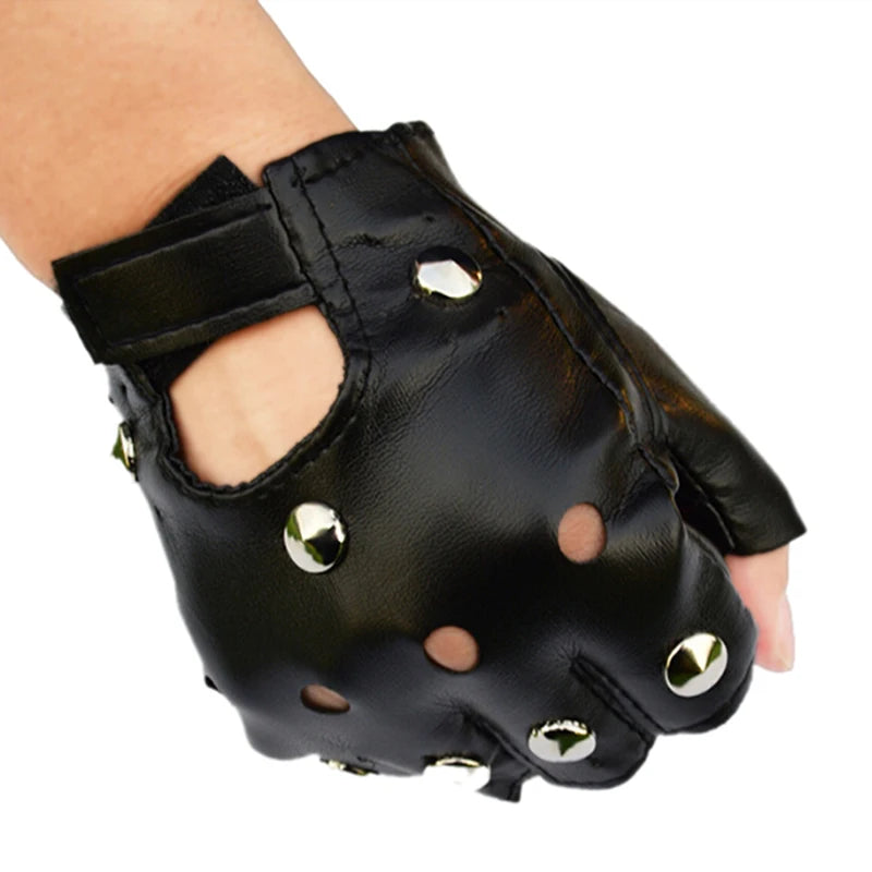 Black Leather Fingerless Gloves – Rivet Stud Half Finger Fingerless Fashion Gloves Axl