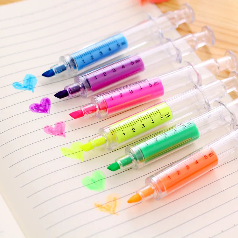 6-Piece Kawaii Syringe Highlighter Pen Set – Multicolor Markers Highlighter Pen Set Axl