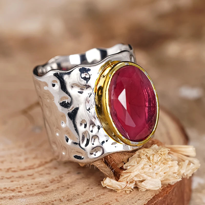 Huitan Vintage Wide Band Ring – Red CZ Two-Tone Women's Ring Fashion Ring Axl