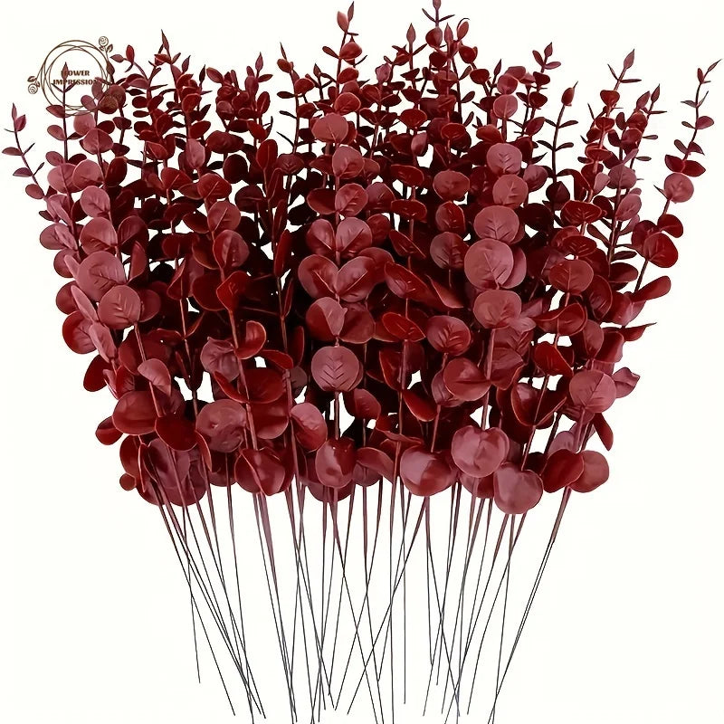 25 Pcs Wine Red Artificial Eucalyptus Branches – Faux Foliage Artificial Plant Stems Axl