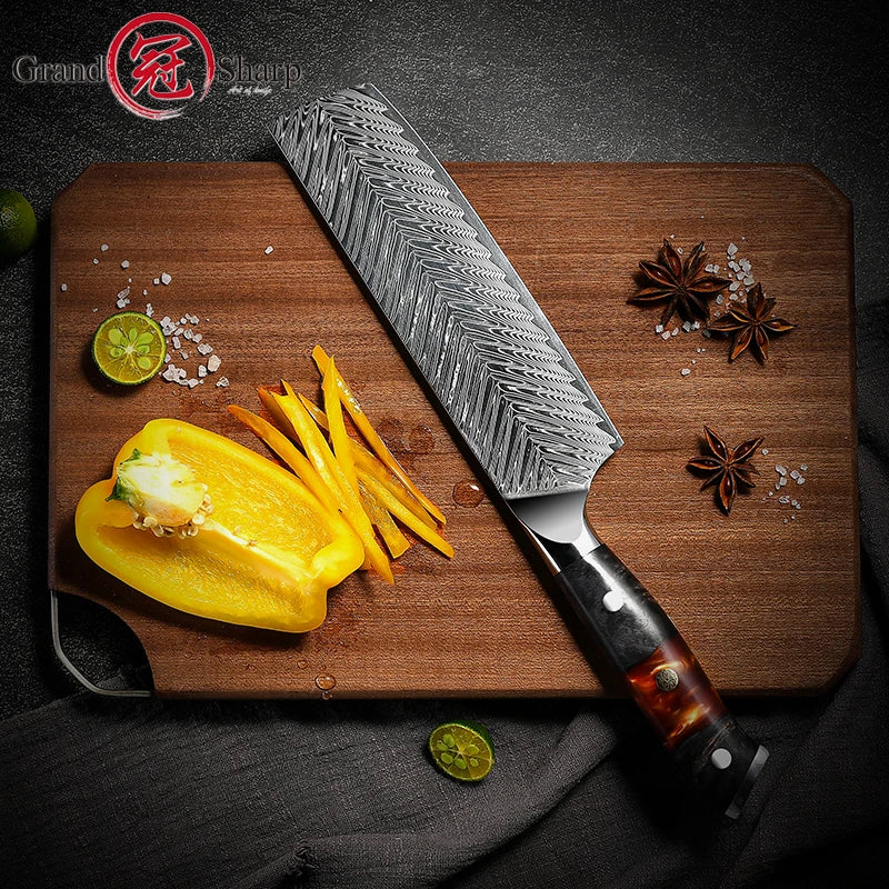 GrandSharp Nakiri Knife – AUS-10 Damascus Steel Maple Handle Nakiri Vegetable Knife Axl