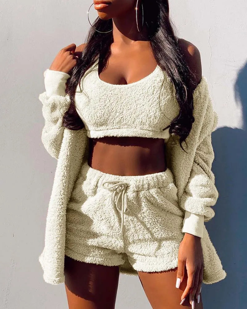 Women's 3-Piece Velvet Fleece Pajamas Set – Crop Top Shorts Coat Women's Pajamas Set Axl