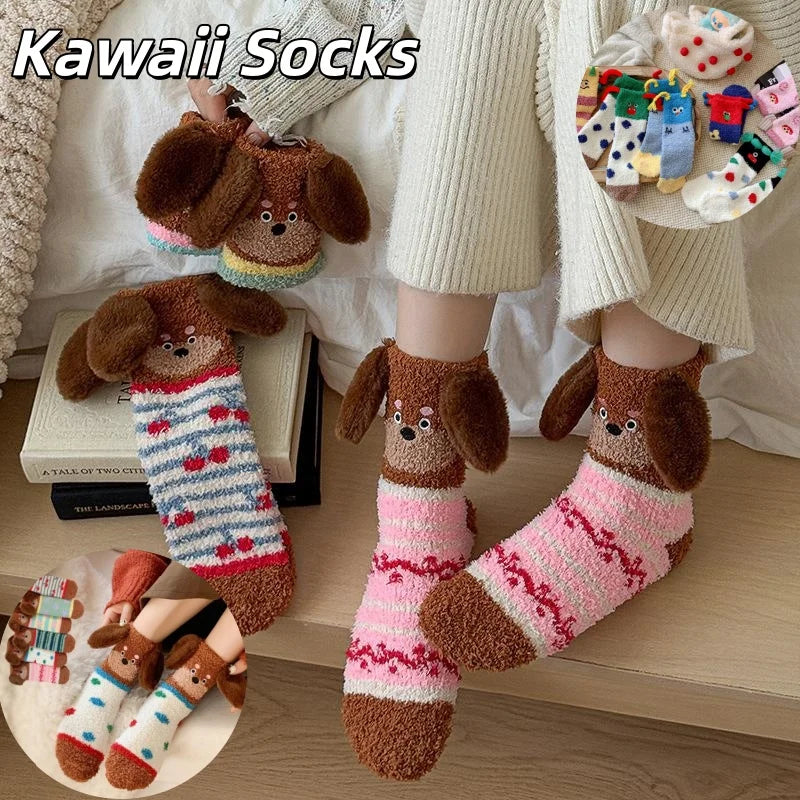 Women's Fluffy Coral Fleece Socks – 3D Dog Ear Cartoon Design Novelty Fluffy Socks Axl