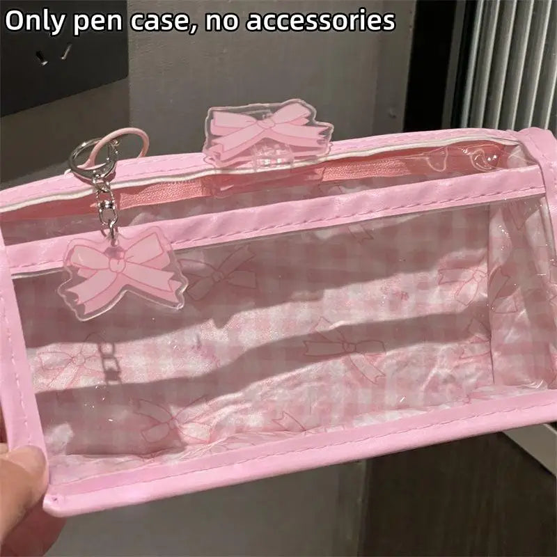 Transparent Bow Zipper Pencil Case – Large Capacity Pen Bag Pencil Case Axl Pink