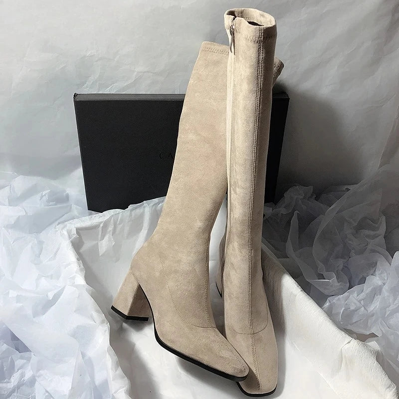 Women's Knee-High Boots | Square Toe Block Heel Side Zipper Knee-High Boots Axl