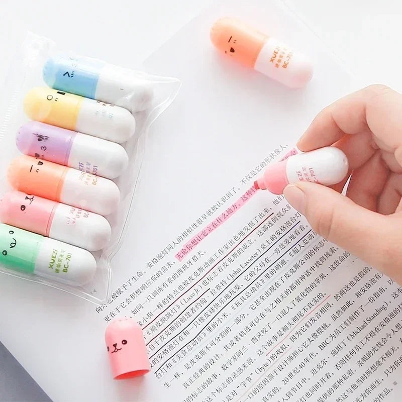 6-Pack Mini Pill Highlighter Pens – Cute Colored Markers for Kids Highlighter Pen Set Axl