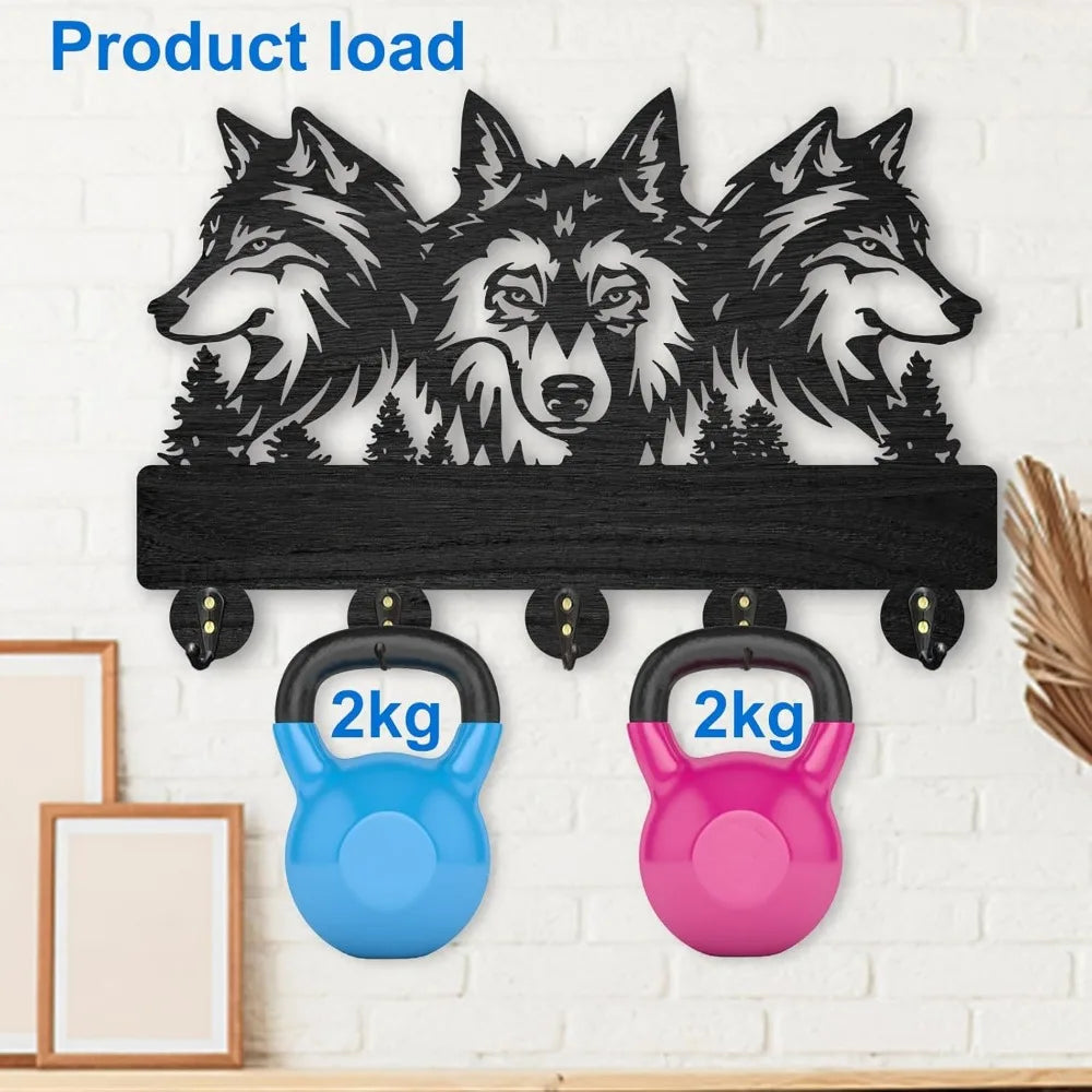 Wolf Forest Wood Wall Coat Rack – 5 Hook Key Holder 11.8in Wall Coat Rack Axl
